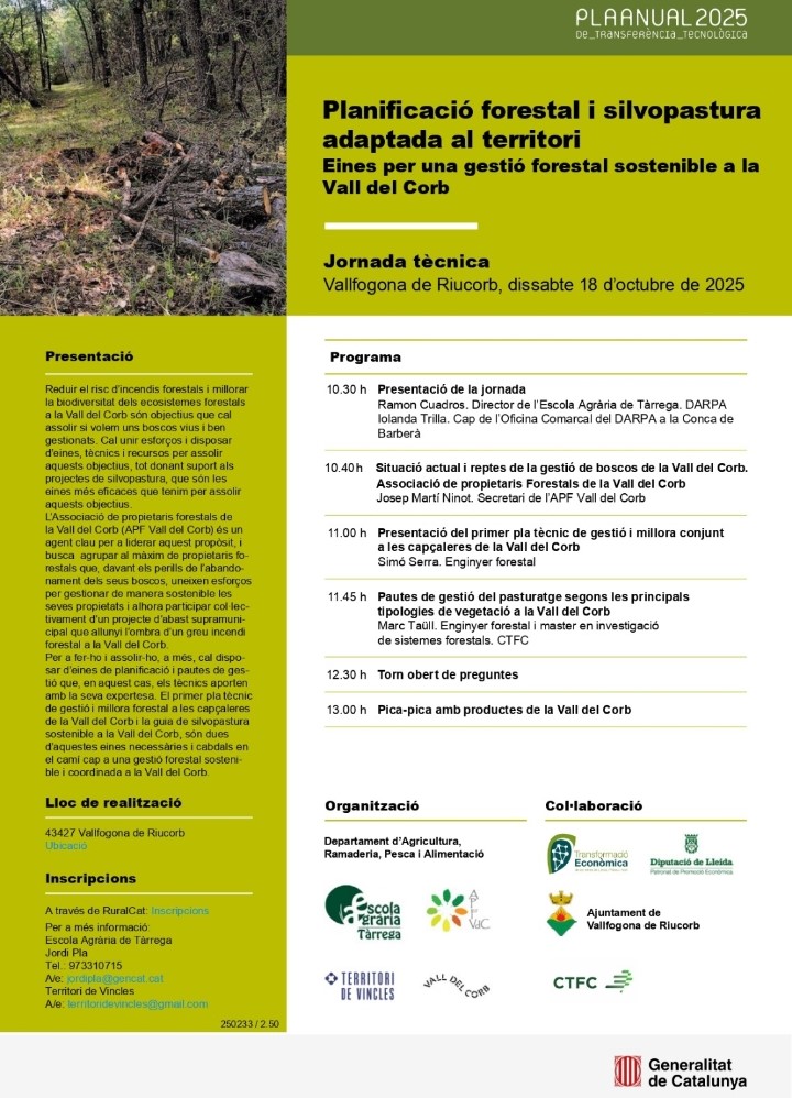 Jornada tècnica a Vallfogona de Riucorb .Planificació forestal i silvopastura adaptada al territori  [PRÈVIA INSCRIPCIÓ]