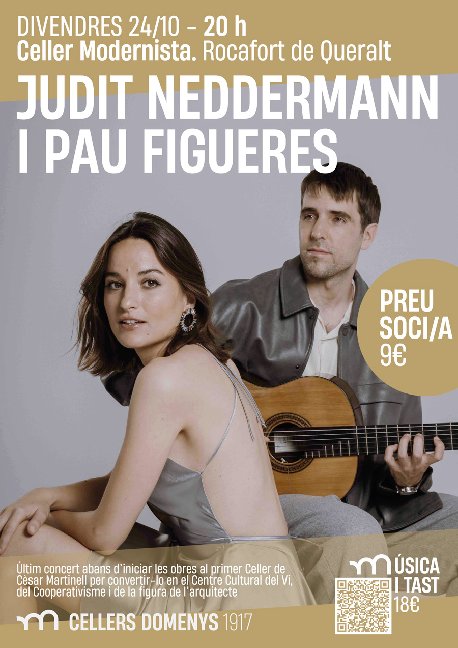 Judit Neddermann i Pau Figueres, oferiran un concert al Celler Modernista de Rocafort de Queralt  [PRÈVIA INSCRIPCIÓ]